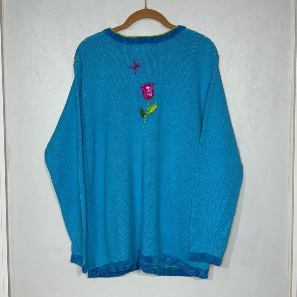 Vintage The Quaker Factory Blue Hand Embroidered Beaded Flowers Bunny Cardigan L - Picture 4 of 16